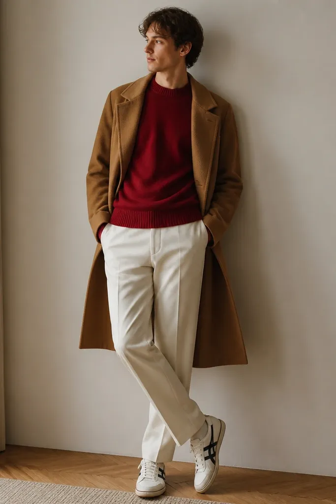 Person wearing Onitsuka Tigers with cream base and navy stripes, a red knit sweater with a crew neck, and cream trousers that hang straight with a slight break. A long coat in camel is open behind them.