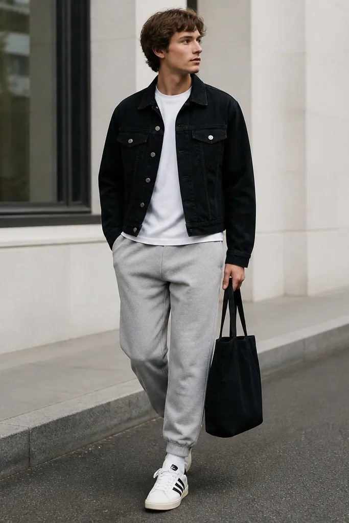 Man wearing Onitsuka Tigers with white base, a black denim jacket with metal buttons, a plain white tee, and tapered grey sweatpants cuffed slightly at the ankle. He has a black tote bag and white socks.