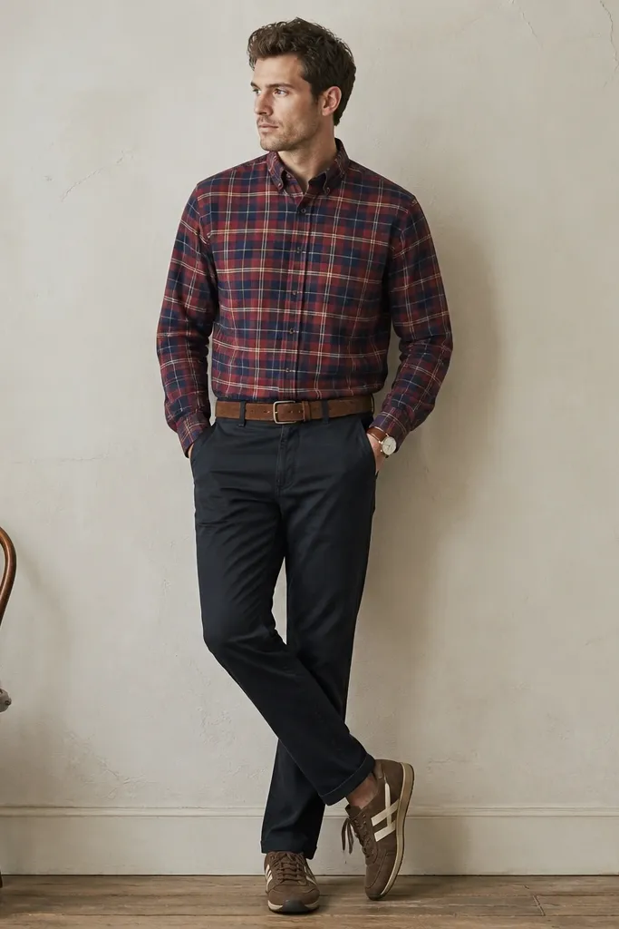 Person wearing Onitsuka Tigers with brown suede and cream stripes, a red-and-blue plaid flannel shirt worn buttoned, dark chinos with a straight leg, and a suede belt. A wristwatch with a brown strap is visible.