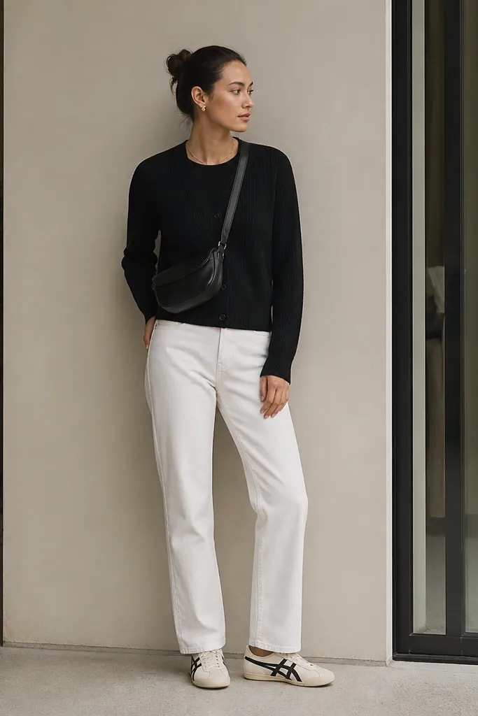 Woman wearing Onitsuka Tigers with a cream base and black stripes, a black knit cardigan buttoned, white jeans with a straight leg, and a small belt bag worn cross-body. She has a black tank top peeking at the hem.
