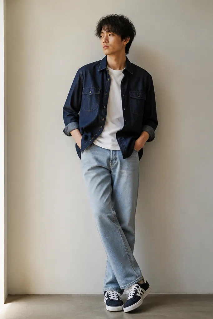 Person wearing Onitsuka Tigers with white laces, an indigo denim overshirt with chest pockets, light wash jeans with a straight leg, and a plain white tee. The sleeves are rolled slightly and the top button is open.