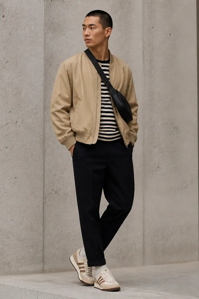 Man wearing Onitsuka Tigers with tan and cream tones, a tan bomber jacket, a black-and-cream striped tee, and black tapered pants. He has a black crossbody and a short haircut.