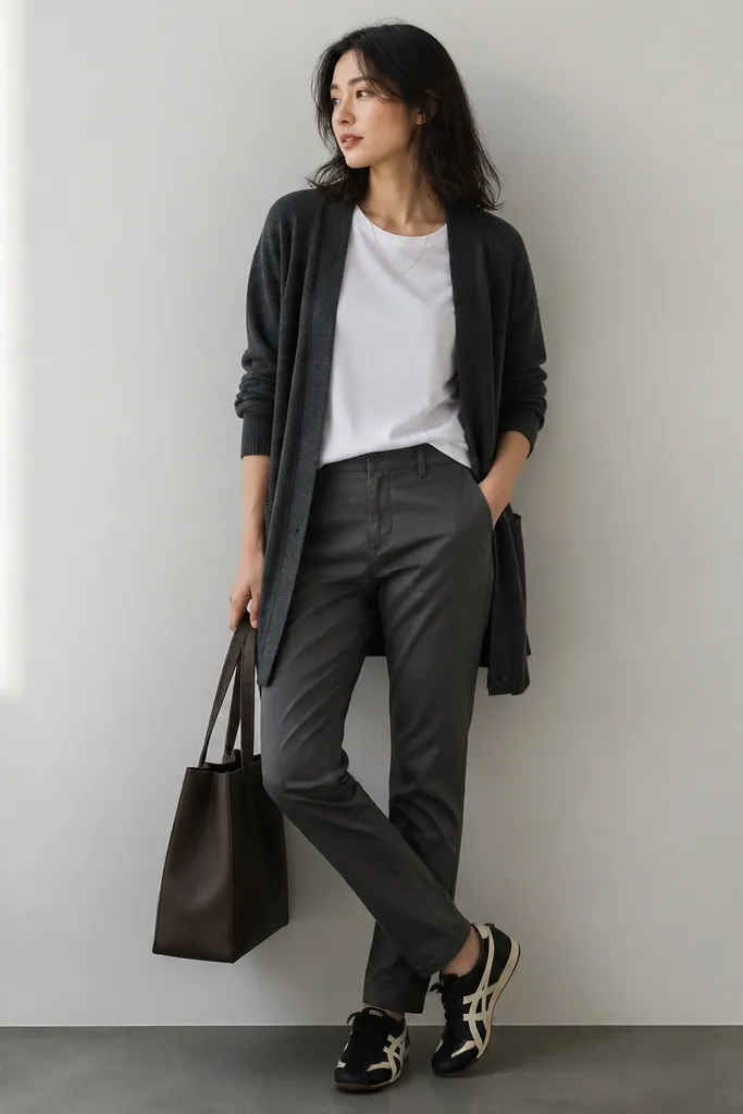 Woman wearing Onitsuka Tigers with off-white stripes, a longline charcoal cardigan that reaches mid-hip, a plain white tee, and charcoal chinos. She wears a thin gold necklace and a structured tote.