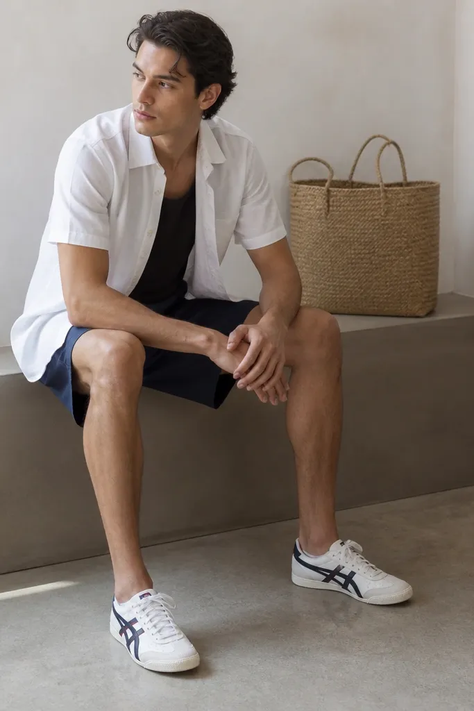 Person wearing Onitsuka Tigers with a white base, a white short-sleeve button-up worn slightly open over a dark tank, navy shorts with a mid-length hem, and low crew socks tucked under the shoe collar. A straw tote is in the background.