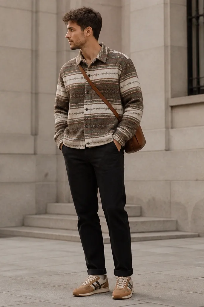 Man wearing Onitsuka Tigers with tan leather, a patterned overshirt in muted tones (brown, cream, and a hint of green), black jeans with a tapered leg, and a brown leather crossbody bag. The overshirt is buttoned and sits at the hip.