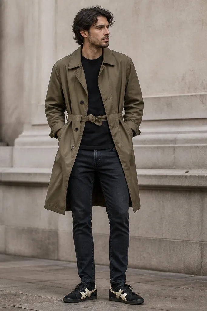 Person wearing Onitsuka Tigers with cream stripes, a khaki trench-style coat (belted at the waist but worn slightly open), a black crew tee, and slim dark jeans. The coat sleeves show a little cuff above the wrist.
