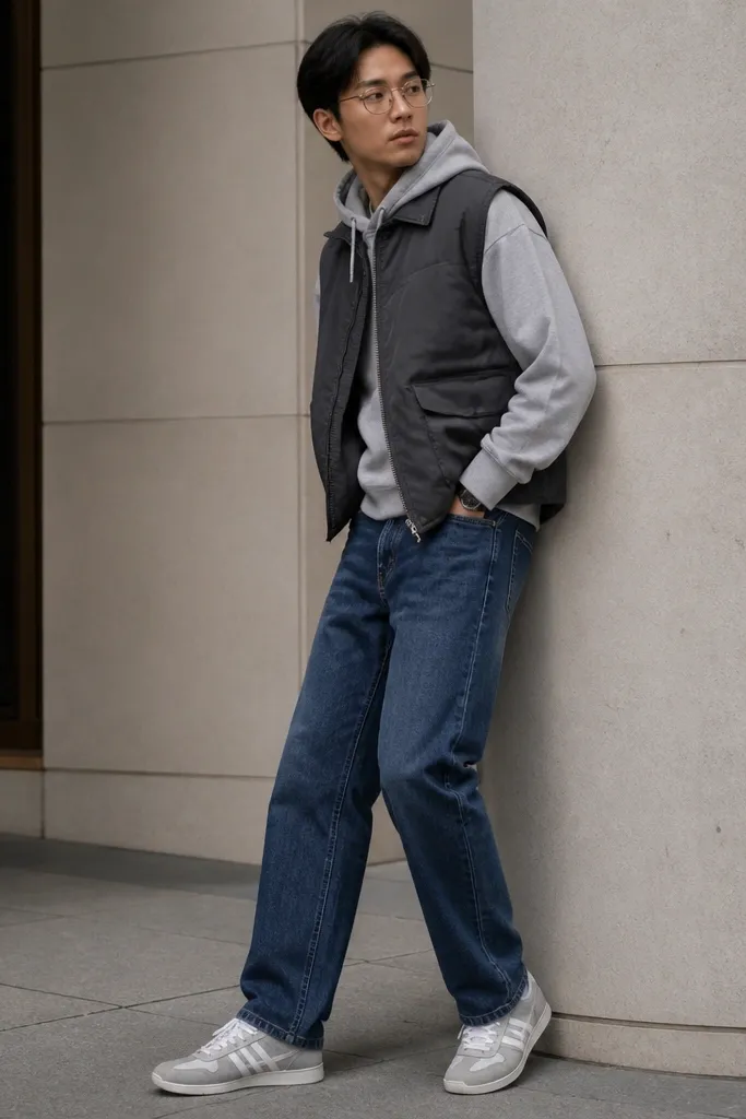 Man wearing Onitsuka Tigers with a grey and white colorway, a grey hoodie, a dark bomber vest worn over it, and straight-leg blue jeans. He wears thin-framed glasses and a simple watch.