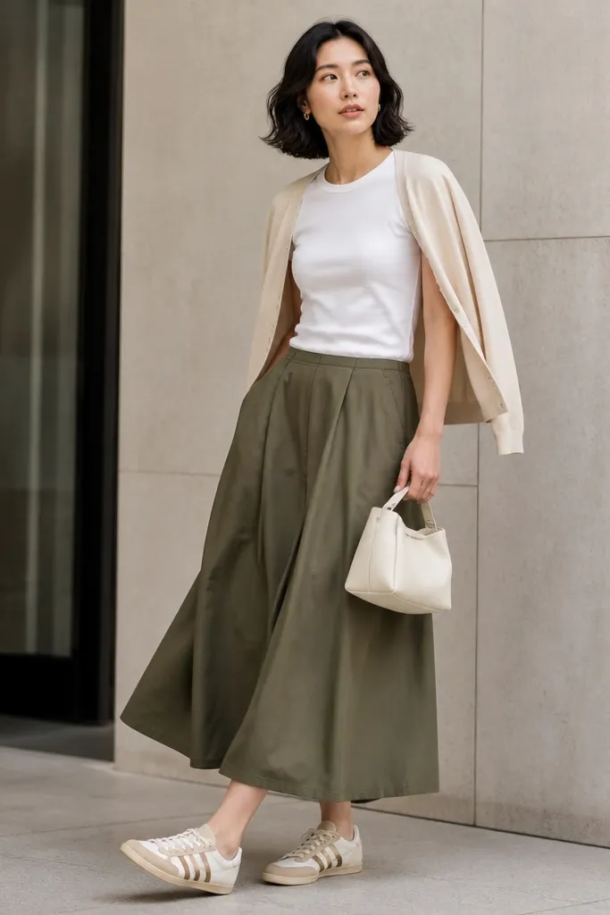 Woman wearing Onitsuka Tigers with cream and tan, a white fitted tee, an olive culotte or midi skirt with wide movement, and a lightweight cardigan draped over shoulders. Minimal earrings and a small cream bag.