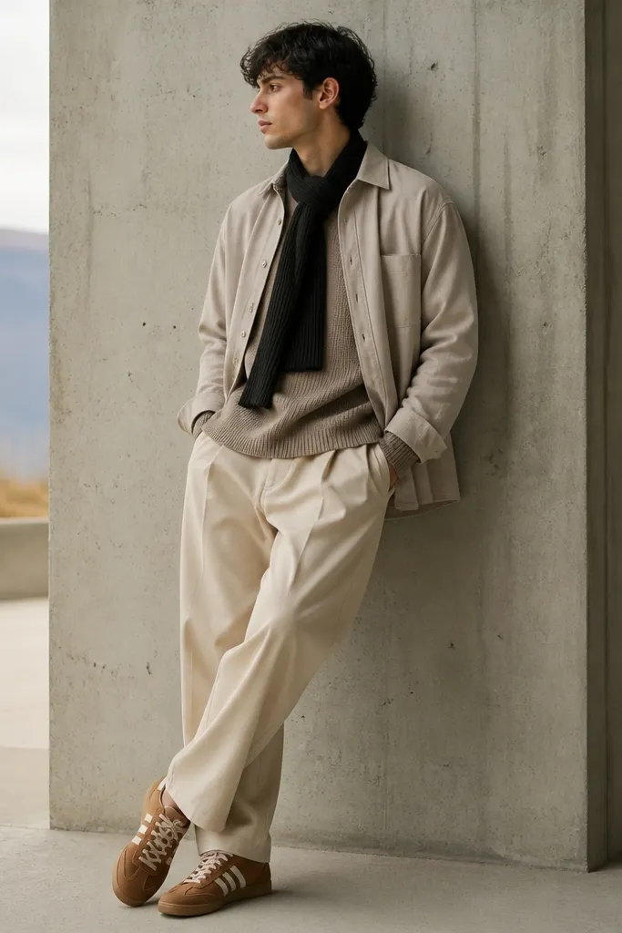 Person wearing Onitsuka Tigers with tan leather and cream stripes, a beige overshirt and matching beige trousers, plus a black knit scarf. The scarf sits loosely at the neck and the outfit looks layered.