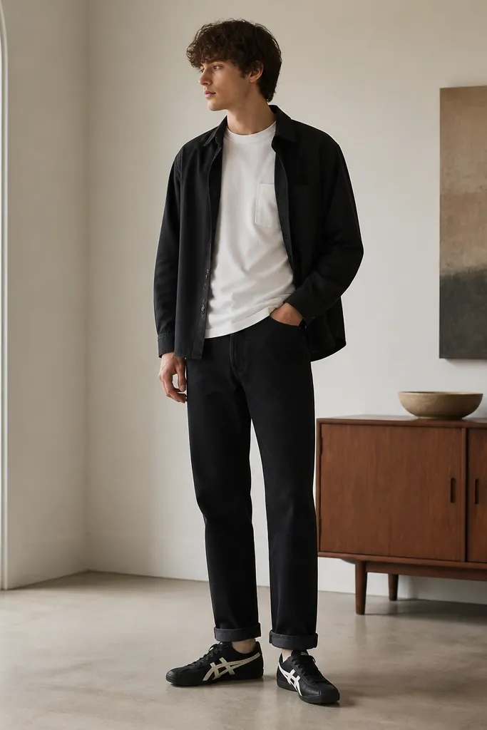 A person wearing a white short-sleeve tee with a small chest pocket, black straight-leg jeans, and a black cotton overshirt. The onitsuka tiger mexico 66 black sneakers are centered in the frame, showing the side stripes and cup sole. The outfit looks casual but tidy, with the jeans cuffed slightly above the shoe collar.