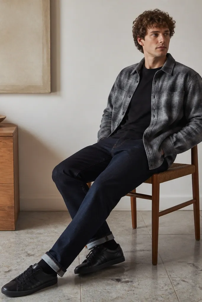 A black crewneck tee under a grey flannel overshirt, paired with dark indigo jeans. The onitsuka tiger mexico 66 black sneakers are shown with a tidy cuff and a straight leg line. The grey overshirt has a soft, brushed texture visible in the photo.