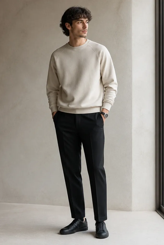 A cream sweatshirt paired with black tapered trousers, worn with onitsuka tiger mexico 66 black sneakers. The trousers fall cleanly with a slight taper, and the sweatshirt hem ends just above the trouser waistband. A simple wristwatch is visible, and the overall look is monochrome with warm cream contrast.