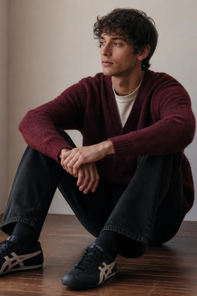 An off-white tee under a burgundy knit cardigan, with black jeans. The onitsuka tiger mexico 66 black sneakers are visible, and the cardigan buttons are closed. The burgundy color shows clearly against the black shoes, giving a warm, cozy feel.