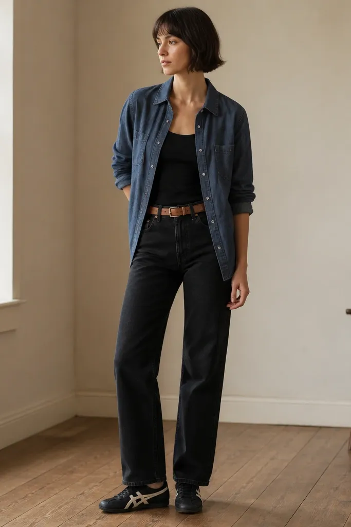 A navy chambray button-down worn slightly open over a dark top, paired with black denim (either a skirt or jeans). A tan belt is visible at the waist. The onitsuka tiger mexico 66 black sneakers are shown in a full-body view with the hem falling above or near the shoe collar.