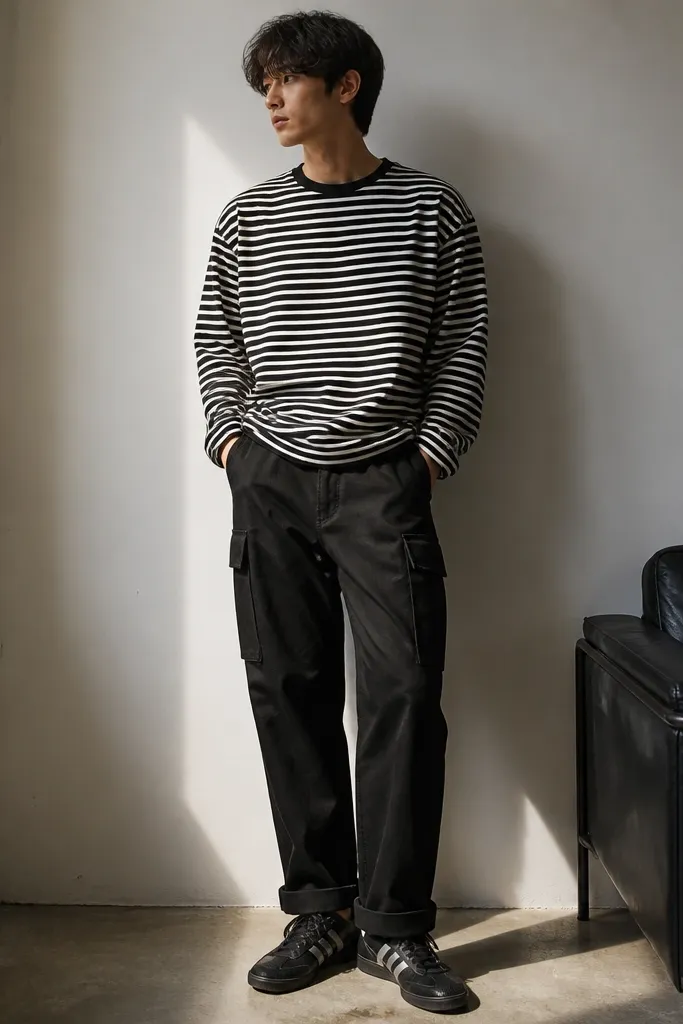 A black-and-white striped long-sleeve tee paired with black cargo pants that have visible pockets but a streamlined leg. The onitsuka tiger mexico 66 black sneakers are shown with a slight cuff. The stripes create movement across the torso while the cargos keep the silhouette grounded.