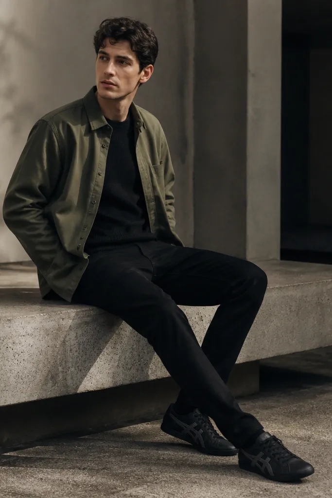 An olive overshirt worn open over a black knit tee, paired with black jeans. The onitsuka tiger mexico 66 black sneakers are visible and the olive fabric shows a slight texture. The overall look is dark with one muted green layer.