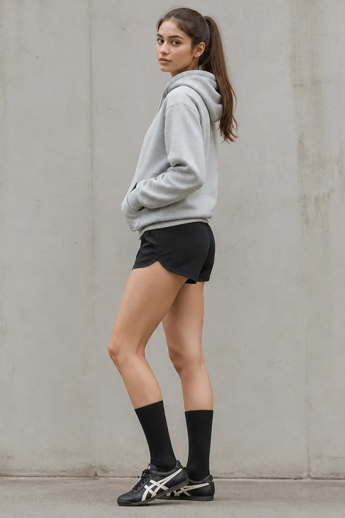 A light grey hoodie worn with black shorts and black long socks. The onitsuka tiger mexico 66 black sneakers are shown in a side view, with the sock height reaching mid-calf. The outfit looks sporty and clean, with a relaxed hoodie fit and short length.