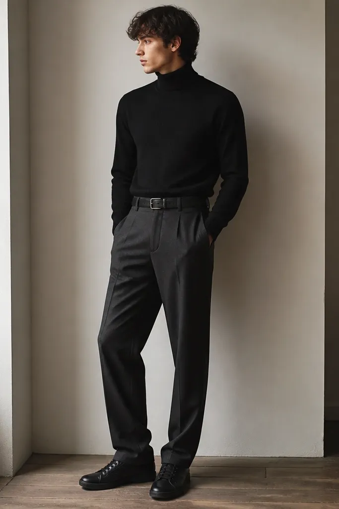 A black knit turtleneck paired with charcoal trousers and a black belt. The onitsuka tiger mexico 66 black sneakers are visible, with the trousers falling straight and a small break at the shoe. The outfit looks sleek and minimal.