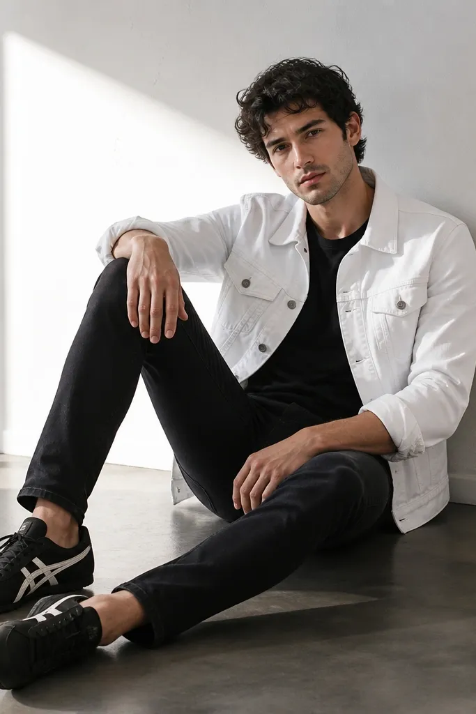 A white denim jacket worn over a black crewneck tee, paired with black slim jeans. The onitsuka tiger mexico 66 black sneakers are clearly visible with the white jacket sleeves rolled slightly. The outfit is high-contrast and clean, with the jacket hem around the hips.