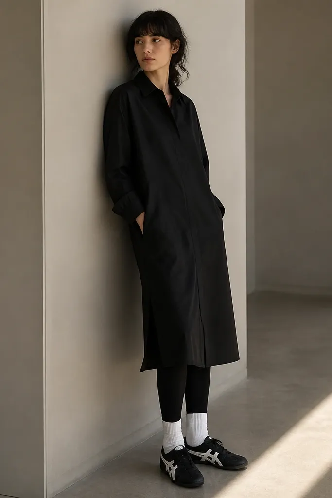 A black shirt dress or long tunic worn with black leggings underneath, plus visible white socks above the Mexico 66 black sneakers. The outfit looks minimal and comfortable, with the shoe stripes standing out against the white socks. The hem falls around mid-calf or slightly above.