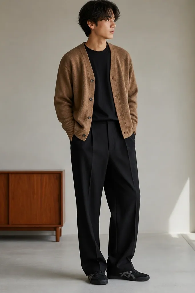 A tan cardigan worn over a black tee, paired with black wide-leg trousers. The onitsuka tiger mexico 66 black sneakers are visible, with trousers draping straight and lightly pooling at the shoe. The tan color is warm and muted, and the outfit reads fashion-casual.