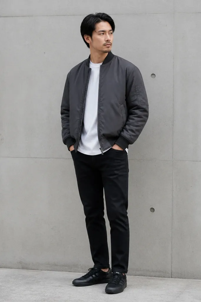 A charcoal bomber jacket worn over a white tee, paired with black jeans that have a clean hem and minimal stacking. The onitsuka tiger mexico 66 black sneakers are shown, with the jacket zipper slightly open. The bomber has a ribbed collar and cuffs, and the overall outfit looks sporty and neat.