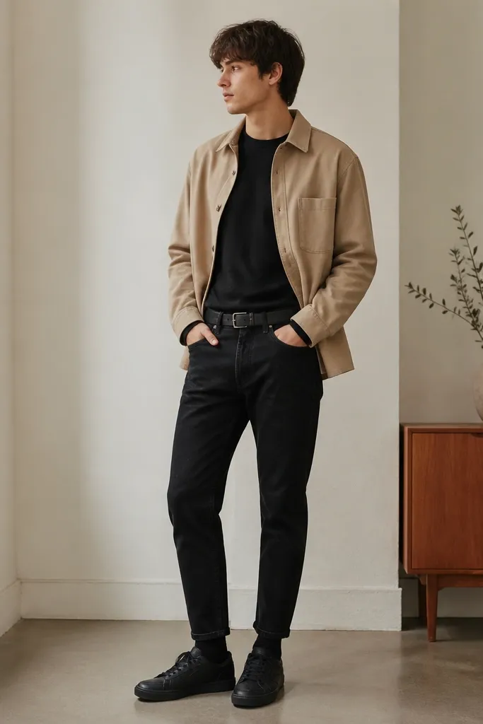 A black long-sleeve tee layered under a beige overshirt. The person wears black jeans and black socks that peek above the onitsuka tiger mexico 66 black sneakers. The overshirt is worn open, and the outfit has a warm neutral top half.