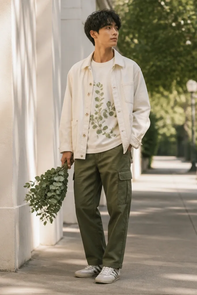 A model wearing a white-cream crewneck t-shirt printed with eucalyptus leaves, a cream chore jacket with tan stitching, olive green cargo pants with straight legs, and silver Onitsuka Tiger Mexico 66 sneakers. A small bundle of real eucalyptus sits in the model's hand, and the background is a sunlit sidewalk.