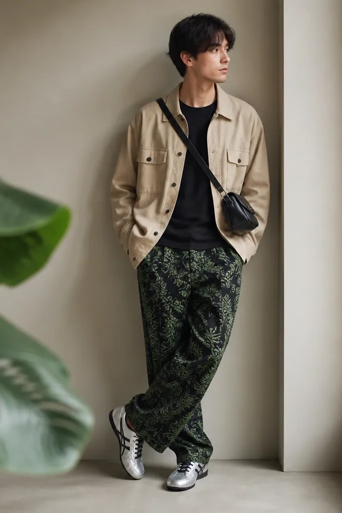 A person wearing a sand-colored overshirt over a black crewneck t-shirt, fern-pattern trousers in dark green and black, and silver Onitsuka Tiger Mexico 66 shoes. The outfit is styled with a crossbody bag and a visible green plant leaf in the foreground.
