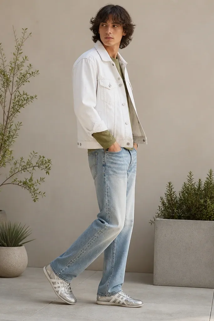 A model wearing a white denim jacket over an olive long-sleeve shirt, light-wash blue jeans with visible fades, and silver Mexico 66 sneakers. There are small plants in planters behind them, and the shoes are photographed from the side.