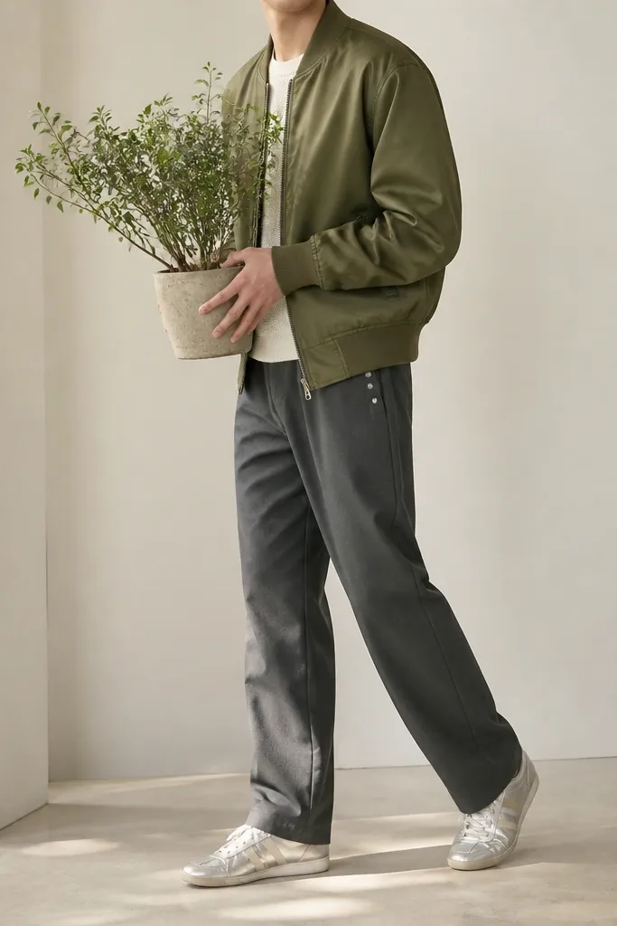 A person wearing an olive bomber jacket with ribbed cuffs, a cream knit t-shirt, and pants in a dark gray fabric with subtle metallic snap details. Silver Mexico 66 sneakers are on feet, and the hands are holding a potted plant with small leaves.