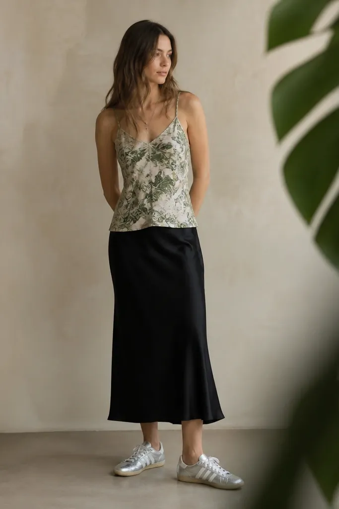 A woman wearing a black satin midi skirt, a plant-print slip top in muted green and cream, and silver Mexico 66 sneakers. The photo shows the shoes clearly under the skirt hem, with a green plant leaf in the foreground.