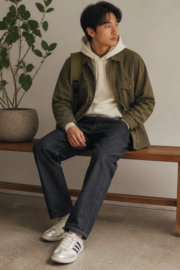 A person in a cream hoodie under an olive canvas overshirt, dark straight-leg jeans, and silver Mexico 66 sneakers. A plant pot sits on a bench next to them, and there's a visible olive-green strap on a bag.