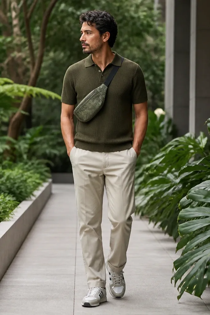 A man wearing an olive knit polo with short sleeves, stone-colored chinos, silver Mexico 66 sneakers, and a small belt bag with a subtle plant-leaf pattern. The background shows a walkway with green plants.