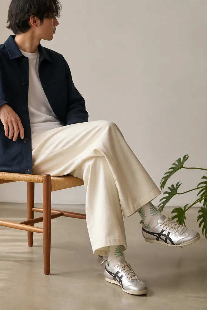 A person wearing a navy overshirt over a white tee, cream wide-leg trousers, and silver Mexico 66 sneakers. Their socks have a subtle fern pattern, and a green plant is visible near their ankles.