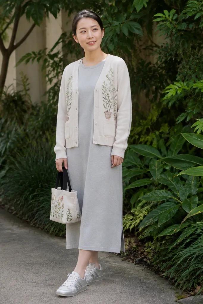 A woman wearing a light gray tee dress, a cardigan with plant embroidery on the front, silver Mexico 66 sneakers, and a small embroidered tote. The photo includes real greenery behind her.