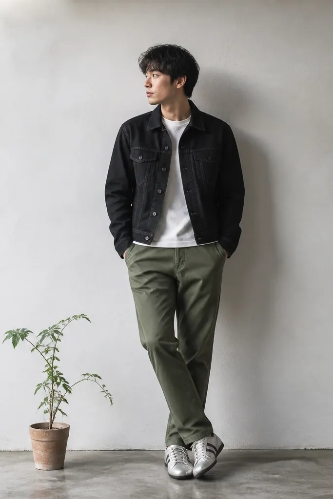 A person wearing a black denim jacket over a white t-shirt, moss-green chinos, and silver Mexico 66 sneakers. A small potted plant sits on the ground near their feet.