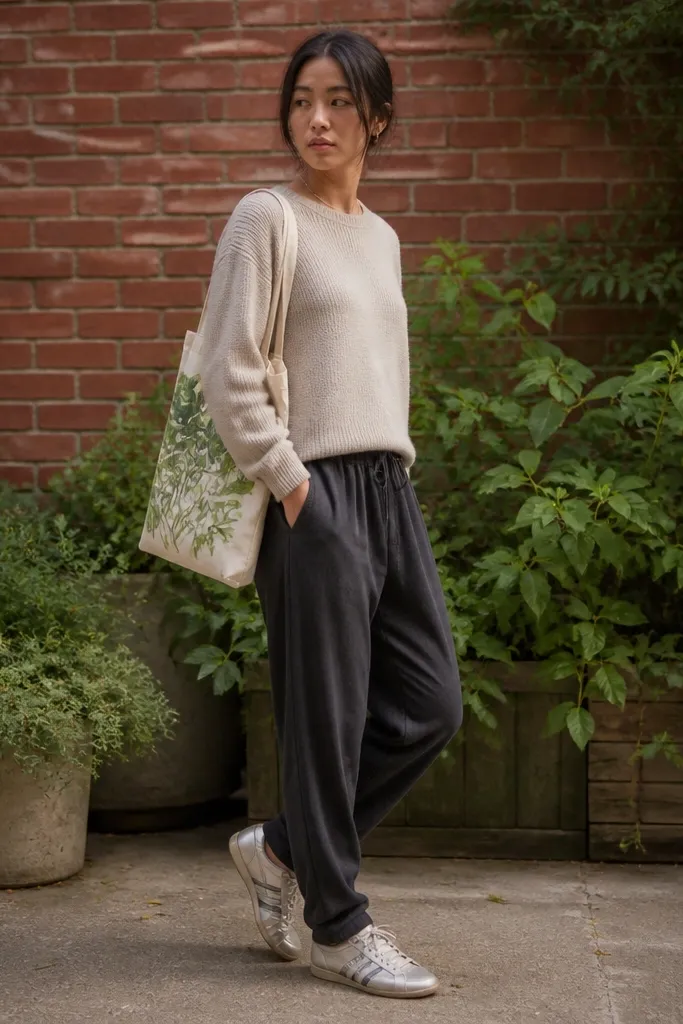 A person wearing a stone-colored knit sweater, charcoal joggers, silver Mexico 66 sneakers, and carrying a tote bag printed with leafy greens. The background is a brick wall with plants in planters.