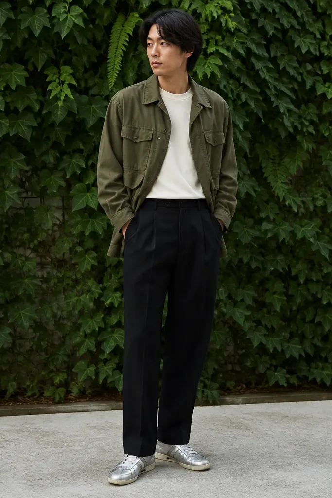 A person wearing an olive field jacket over a cream t-shirt, black pleated trousers with a straight leg, and silver Mexico 66 sneakers. There is a green plant wall behind them, and the sneakers are photographed at a slight angle.