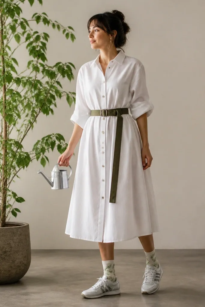 A woman wearing a white shirt dress with buttons down the front, an olive belt at the waist, silver Mexico 66 sneakers, and fern-pattern socks. She stands near a plant and holds a small watering can.