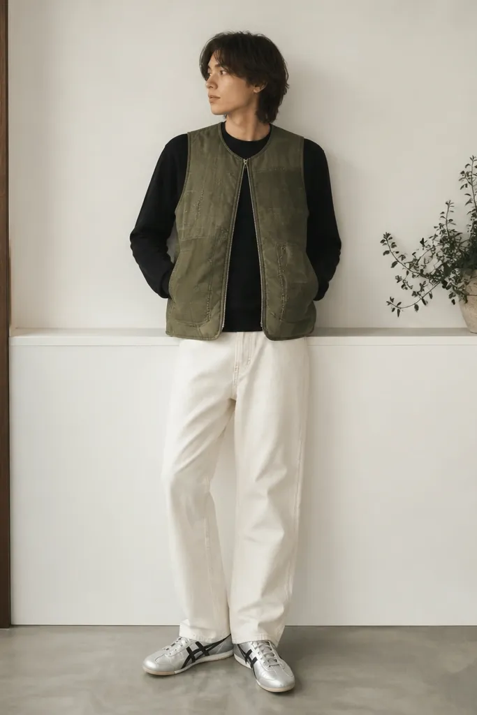 A person wearing a black long-sleeve tee, an olive patchwork vest with stitched panels, cream denim jeans, and silver Mexico 66 sneakers. A plant sits on a ledge behind them.