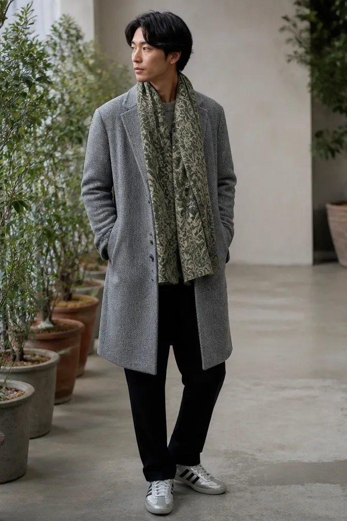 A person wearing a heather gray wool overcoat, black trousers, silver Mexico 66 sneakers, and a plant-print scarf in muted greens. They stand near a row of potted plants, and the scarf pattern is visible.
