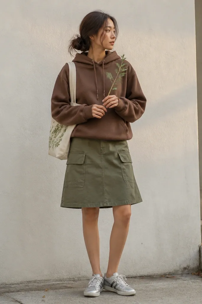 A woman wearing a mocha brown hoodie, an olive utility skirt with front pockets, silver Mexico 66 sneakers with slightly lighter gray laces, and a small plant-print tote. She's holding a sprig of greenery.