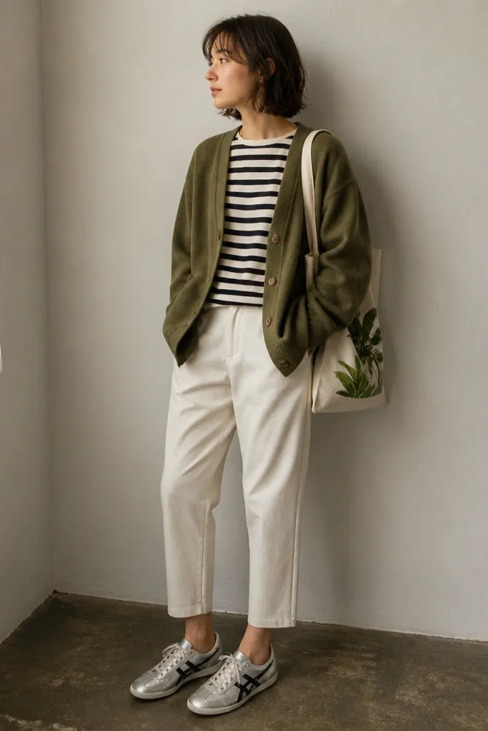 A person wearing an olive cardigan over a black-and-cream striped tee, cream cropped trousers, and silver Onitsuka Tiger Mexico 66 sneakers. A plant graphic tote is visible, and the image shows the trousers ending above the shoe.