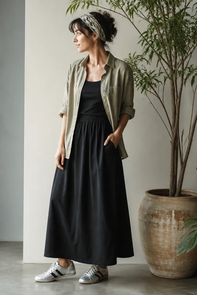 A woman wearing a black maxi skirt, a light olive button-up shirt worn open over a black top, silver Mexico 66 sneakers, and a plant-print headband. She's standing next to tall potted plants.