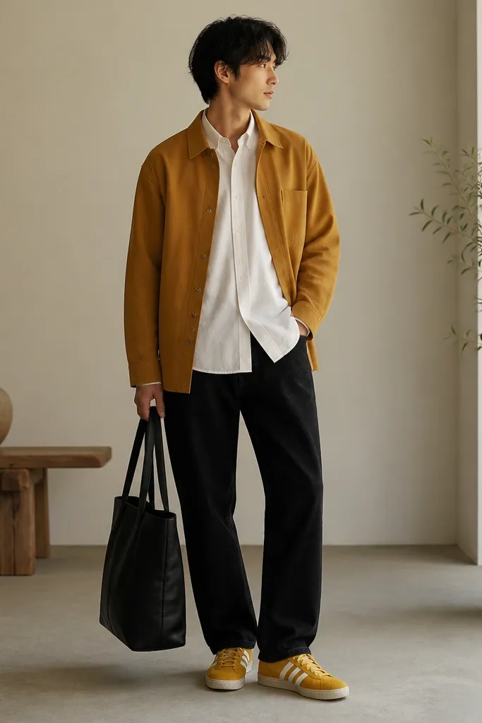 A white button-up shirt under a mustard overshirt, paired with dark black denim jeans. The yellow Mexico 66 sneakers show white midsoles and the signature stripes. A black leather tote hangs at the side.
