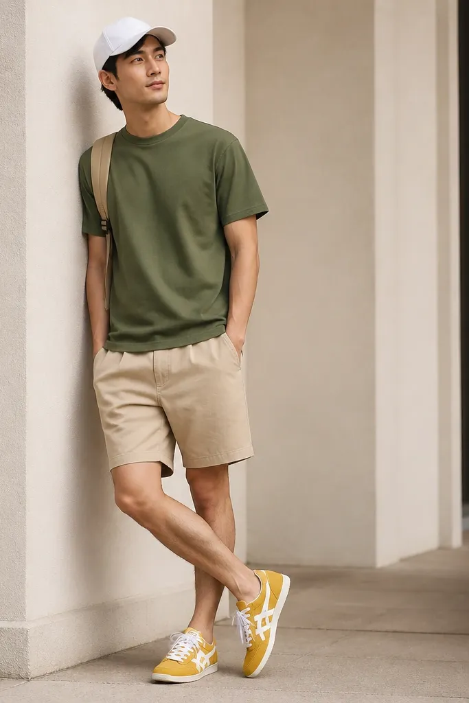 Olive green t-shirt paired with khaki shorts. The Onitsuka Tiger Mexico 66 yellow sneakers are visible with white laces and white midsole. A white baseball cap and a khaki backpack strap appear.