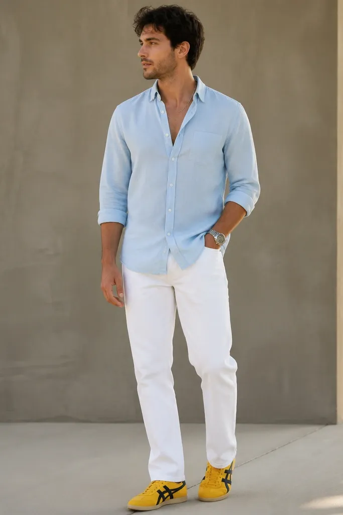 A light sky-blue button-down shirt worn untucked over white jeans. The Onitsuka Tiger Mexico 66 yellow sneakers show white midsoles and black stripes. A silver watch and a slim chain necklace are visible.