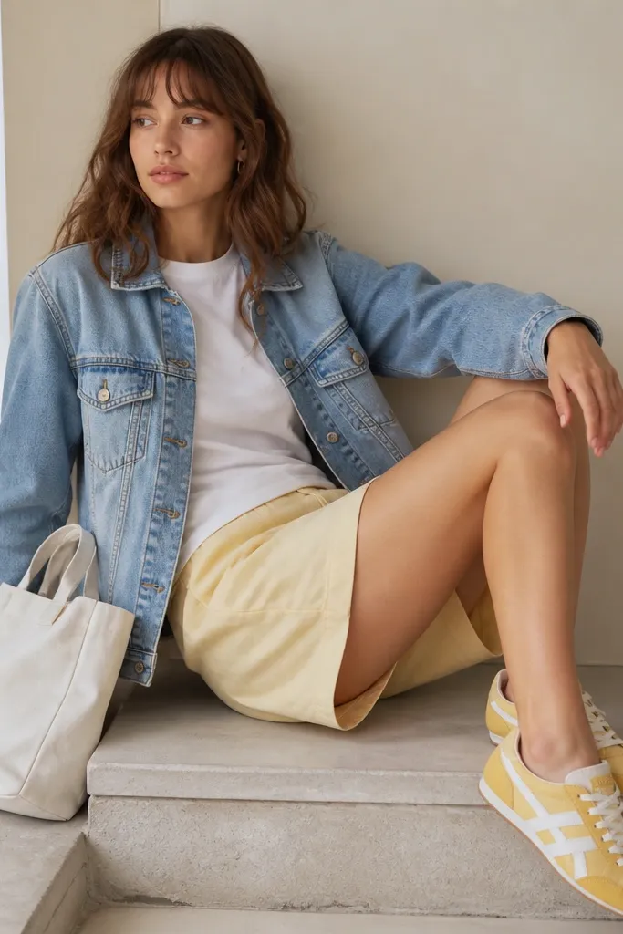 A light blue denim jacket over a white tee. The shorts are a muted yellow, and the Mexico 66 yellow sneakers appear with white laces. A small white tote bag sits at the side.