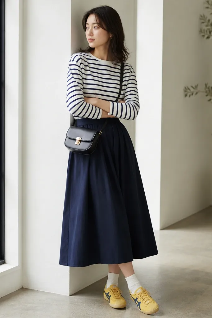A Breton striped top in white and navy, tucked into a flowy navy skirt. The Onitsuka Tiger Mexico 66 yellow sneakers are styled with ankle socks that are mostly white. A small crossbody bag with a gold clasp is shown.